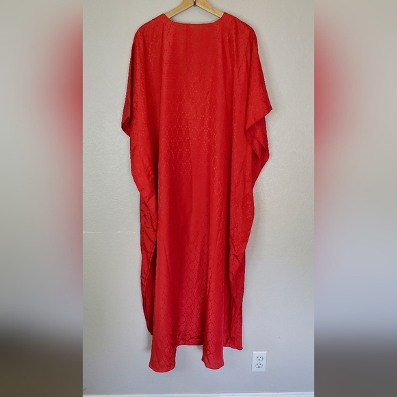 Asgro Red Textured Satin Kaftan with Gold Embroidery Boho Caftan Maxi Dress - Picture 6 of 9
